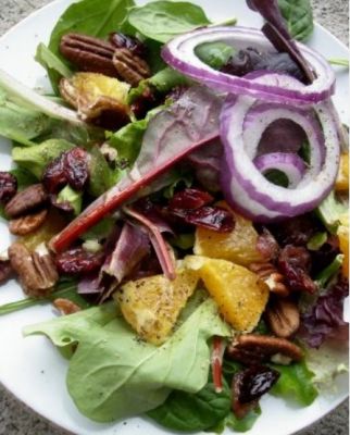 MIXED GREEN SALAD WITH ORANGES, DRIED CRANBERRIES AND PECANS 